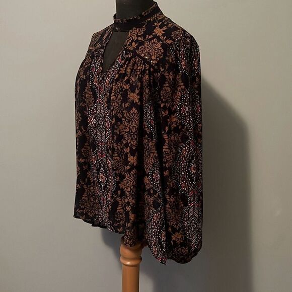 Knox Rose Women's Multicolor Damask Pattern Keyhole Long Sleeve Blouse Medium - Picture 3 of 9